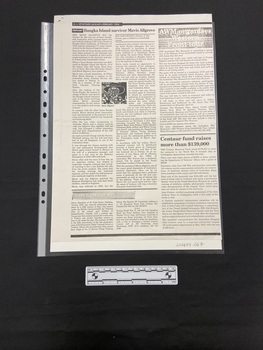 Photocopy of newspaper page. The relevant article is in the top left corner (below and to the right are smaller unrelated articles). There are two columns of text and inset in the centre is a photographic  image  of Mavis Allgrove.