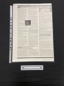 Photocopy of newspaper page. The relevant article is in the top left corner (below and to the right are smaller unrelated articles). There are two columns of text and inset in the centre is a photographic  image  of Mavis Allgrove.