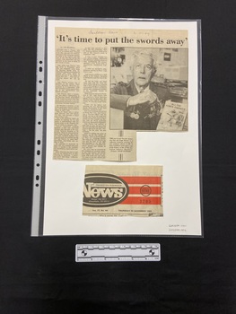 Heading across the top of the page, followed by two columns of text on the left hand side and a photo of Captain Pearce in his war uniform on the right hand side,
There is a separate clipping underneath with the Frankston/Peninsula News logo next to three red stripes and the publication details below.
