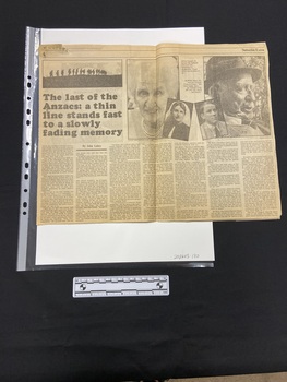 Newspaper article with title in large bold print in the top left corner of the page. Top right has two large photos, one of Effie Fussell and one of Rupert Moon (aged 94 and 91), with two smaller portrait photos of when they were both young.
The lower half of the page has seven columns of text.