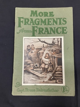 Green staple-bound paperback booklet. Title printed in dark green text across the top and author's name across the bottom. The centre of the page is a cartoon image of two soldiers looking across at another soldier sitting in a trench. The image is surrounded by a white rectangle border.