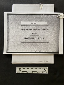 Black and white photocopy in landscape orientation, of 48 pages of nominal roll table. The front page is a mottled background with a white rectangle in the top centre that reads 26/100/1. The title is printed below that text box in black print.