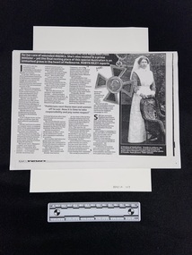 Collection of black and white documents and articles. The cover page is an article containing four columns of text and a long photo of nurse Estelle Lee Archer in uniform standing behind a chair. There is a picture of the Royal Red Cross she was awarded inset above the last column of text.