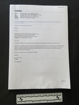 Typed A4 paper containing two emails. The contents of the first email is printed in blue text, the remaining print on the page is all in black type.