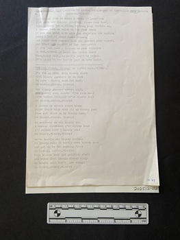 Typed page in black print. There are two songs on the first page with a broken line separating them. Each heading is also unlined with a broken line.