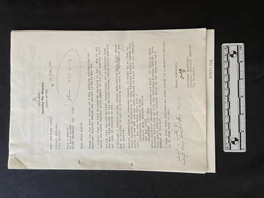 Black and white photocopy of typed correspondence. There are two hole punches on the left side. The Australian War Memorial emblem is in the top centre of the page. A phone number and two lines of notes have been added in black handwriting before being photocopied.