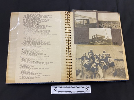 An example of the open album displaying a copy of a typed poem on the left side page and four photographs laid out on the right side page. There are two photos at the top, one below them with writing on either side, and a larger photo at the bottom.