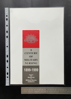 A bookmark sized card in three sections, top in red with Australian military logo in silver, middle in pale grey with black text and bottom section darker grey with white text