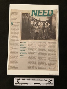 Newspaper clipping with four columns of text and a large square photograph at the top of four women smiling. The title and a quote are printed in green.