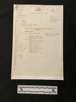 Photocopy of typed correspondence with the Australian Imperial Force title and emblem at the top of the first page. The Australian Archives details are typed along the left side edge.