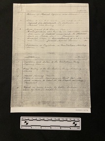 Photocopy of four handwritten record cards (two per page), from a catalogue. Each card has a margin with a number above the top line and further numbers down the left margin. The rest of the card lists various items found at those numbers.