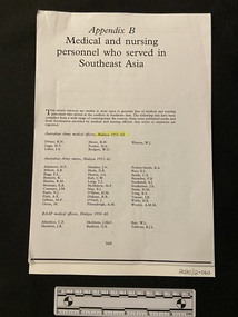 Photocopy of five pages of a printed appendix listing three columns of names under each heading. The words 'Malaya 1955-63' are highlighted in yellow on the first page.