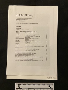 Contents page of the St John History Journal, Volume 9. Publication details followed by a list of articles in the volume. It shows this article being located on page 49. 