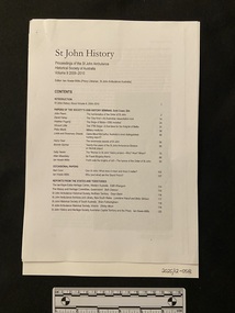 Contents page of the St John History Journal, Volume 9. Publication details followed by a list of articles in the volume. It shows this article being located on page 49. 