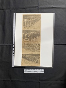 A narrow newspaper clipping of four black and white photos with captions