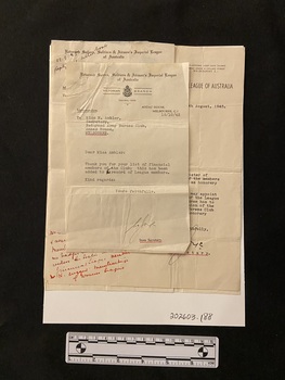 Collection of four typed letters. Two are on A4 paper and two on A5. Each one has the 'Returned Sailors, Soldiers & Airmen's Imperial League of Australia' title across the top, followed by the Victorian Branch emblem.
