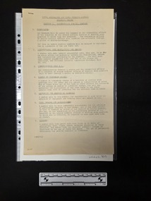 Buff coloured three-page paper document attached at top left with a staple. Type-written text outlining instructions for members of the  Royal Australian Airforce Nursing Service is included on both sides of all pages. 