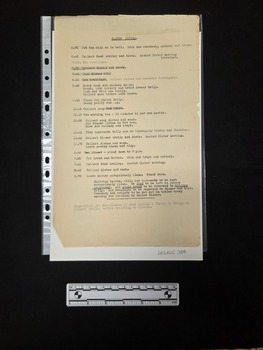 Buff coloured one-page paper document. Type-written text outlining pantry duties with respective times is included on one side of the page.