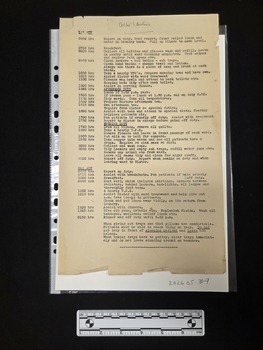 Buff coloured one-page paper document. Type-written text outlining duties with respective times is included on one side of the page. Inscribed at top of page: 'ACW's Duties'.