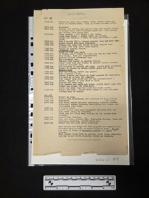 Buff coloured one-page paper document. Type-written text outlining duties with respective times is included on one side of the page. Inscribed at top of page: 'ACW's Duties'.