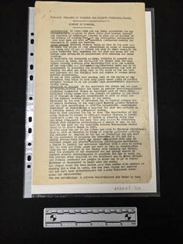 Buff coloured two-page foolscap paper document formerly attached at top left with a pin. Type-written text outlining a history of nursing is included on one side of each page. Headings include Early Nursing, Evolution of Nursing, Modern Nursing and Nursing in Australia.