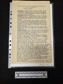 Buff coloured two-page foolscap paper document formerly attached at top left with a pin. Type-written text outlining a history of nursing is included on one side of each page. Headings include Early Nursing, Evolution of Nursing, Modern Nursing and Nursing in Australia.