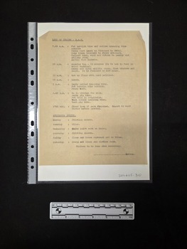 Buff coloured one-page paper document. Type-written text outlining duties and respective times and days is printed on one side of the document.