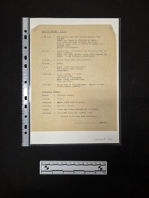 Buff coloured one-page paper document. Type-written text outlining duties and respective times and days is printed on one side of the document.