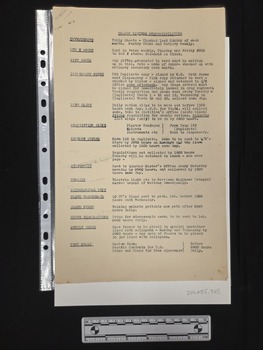 Buff coloured three-page foolscap paper document formerly attached at top left with a pin. Type-written text on one side of each page in two columns with headings in the left column and respective duties in the right column. 