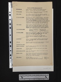 Buff coloured three-page foolscap paper document formerly attached at top left with a pin. Type-written text on one side of each page in two columns with headings in the left column and respective duties in the right column. 