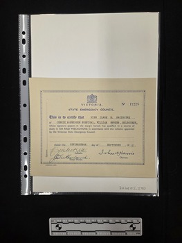 Buff card certificate with a blue border, printed blue text, type-written text, and three signatures. The coat of arms of the United Kingdom is printed in blue at the top of the certificate. 
