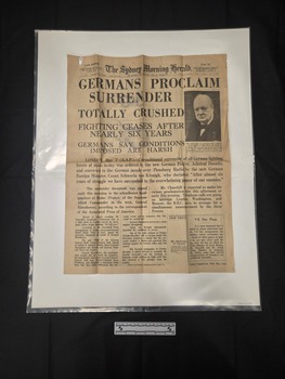 Broadsheet-size newspaper cover page The Sydney Morning Herald Late Edition, 9 May 1945. 