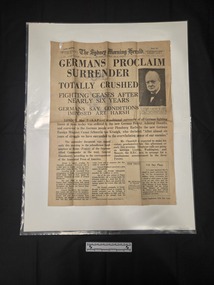 Broadsheet-size newspaper cover page The Sydney Morning Herald Late Edition, 9 May 1945. 
