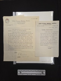 Typewritten trainee references on cream paper. At left a page printed with the logo and header of the Queen Victoria Memorial Hospital, which provides a reference from Matron Ethel Simons, including a hand-written signature and date. At right a page which includes the header of the Queen Victoria Memorial Hospital, and provides a reference from Matron E. Schafer.