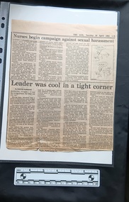 newspaper clipping with cartoon regarding nurses campaign against sexual harassment