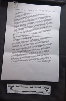 Typed pages attached by a plastic paper clip titled Alice Margaret