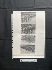 A narrow newspaper clipping of four black and white photos with captions