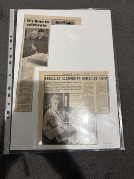 Two newspaper clippings on a white background, top one as a black and white photo of a older woman standing with another older person in front of a cake. The other article has a black and white photograph of an older woman looking at open folders on a table in front of her.