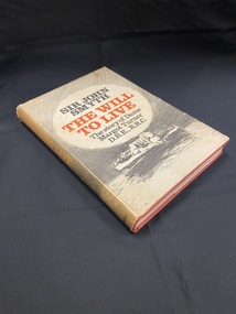 Red hard-cover book with a dust-jacket. The dust-jacket shows a grey and white pencil sketch on the front cover and spine of a nurse floating on a raft. The title and author are printed in the centre in black and red text.