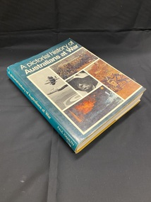 Dark green dust-jacket with title and author printed in white along the spine. The front cover shows a collage of five images relating to war and the title appears in white print across the top.