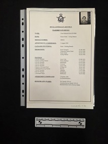 One-page printed document on cream paper. A small black and white identification photograph of Clare Macintire in military uniform with the number 500432 in the lower border is adhered to the top right corner. The Royal Australian Airforce insignia is printed at the top of the page.