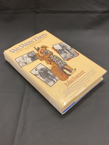 Cream coloured dust-jacket, title in blue along the spine. Cover shows an image of a soldier and a woman embracing, surrounded by three black and white photographs. Title is printed at the top and author at the bottom.