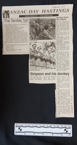 Newspaper clipping with a range of articles and black and white photographs of soldiers and nurses on duty