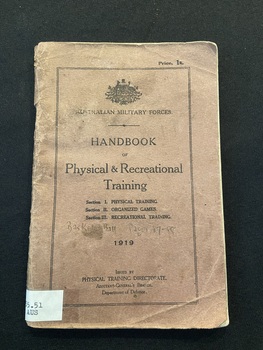 Worn, brown booklet with white spine label taped to base of spine. The front cover has a double black line border with title and content details printed in black ink.
