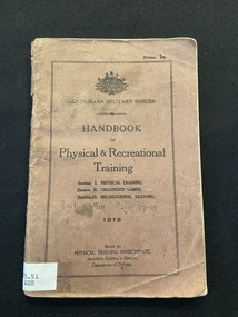 Worn, brown booklet with white spine label taped to base of spine. The front cover has a double black line border with title and content details printed in black ink.