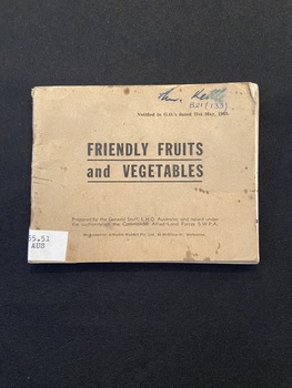 Small staple-bound booklet with light brown cardboard cover with black print. There is a white spine label at the base of spine.