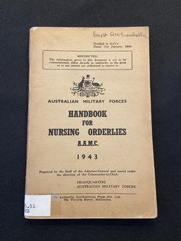 Staple-bound booklet with light brown cover with black print. Spine label taped to base of spine.