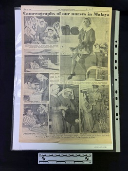 Large page clipping of seven black and white photographs depicting nurses in uniform at work with colleagues and patients.  All photos have captions and the page has a heading in text.