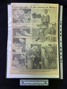 Large page clipping of seven black and white photographs depicting nurses in uniform at work with colleagues and patients.  All photos have captions and the page has a heading in text.
