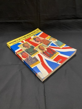 Cover image of the Union Jack wraps around the spine and back and front covers. There is a yellow strip along the top of the cover with the title printed in black. There are also five layered card images overlaying the flag on the front cover, each card depicts a different woman in a different uniform.
